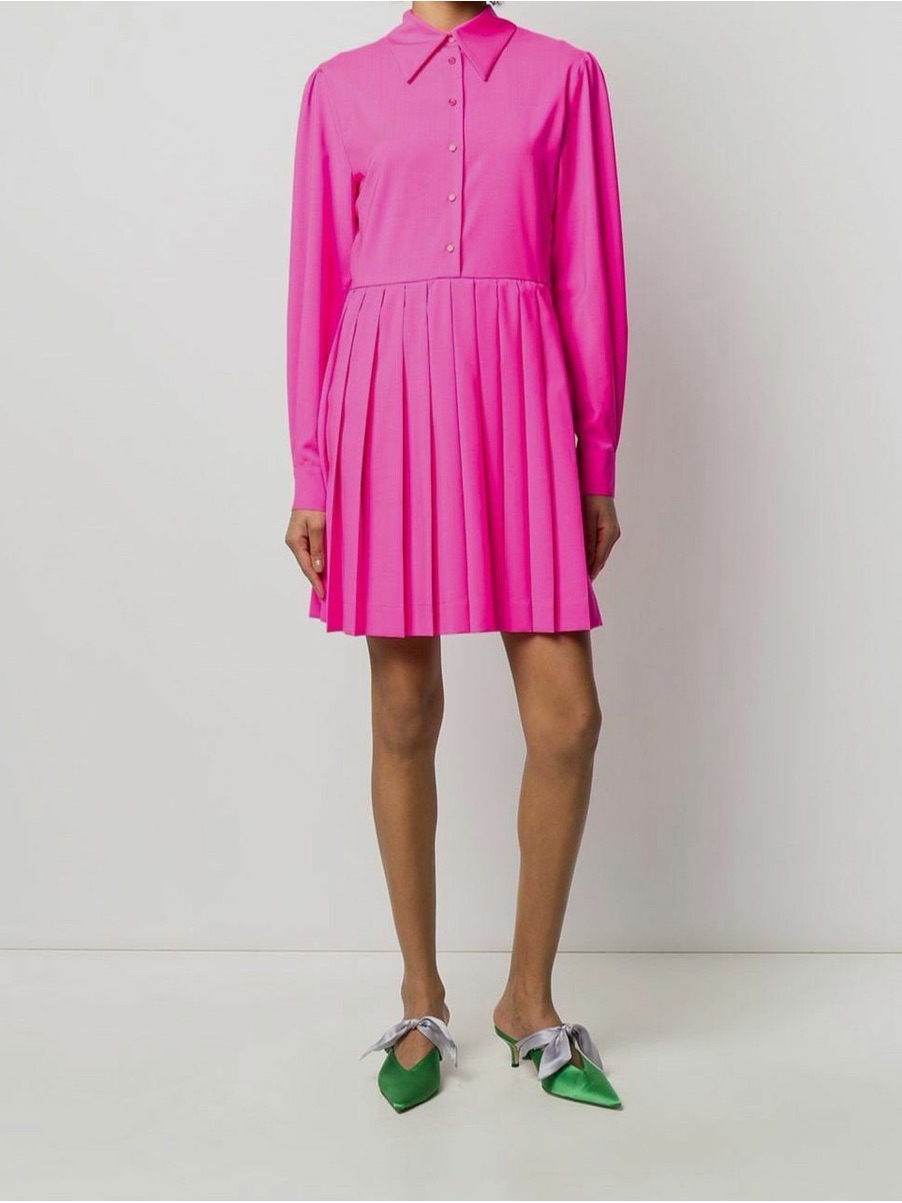 Msgm Hot Pink Pleated Long-Sleeve Shirt Dress